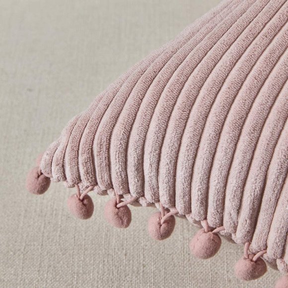Blush Pink Corduroy Luxury Velvet Pompom Bed/Sofa Throw Pillow Cover/CaseSet - Picture 3 of 8